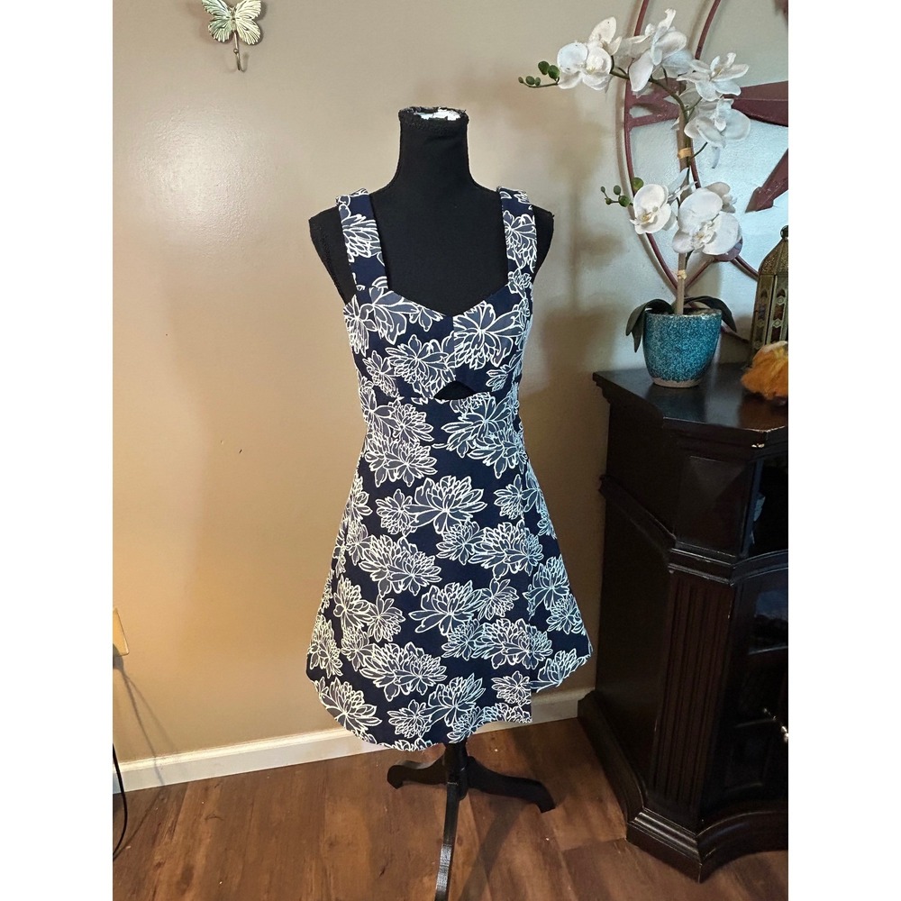 Shoshanna Navy Blue White Floral Jacquard Cutout Fit Flare Dress Size 2